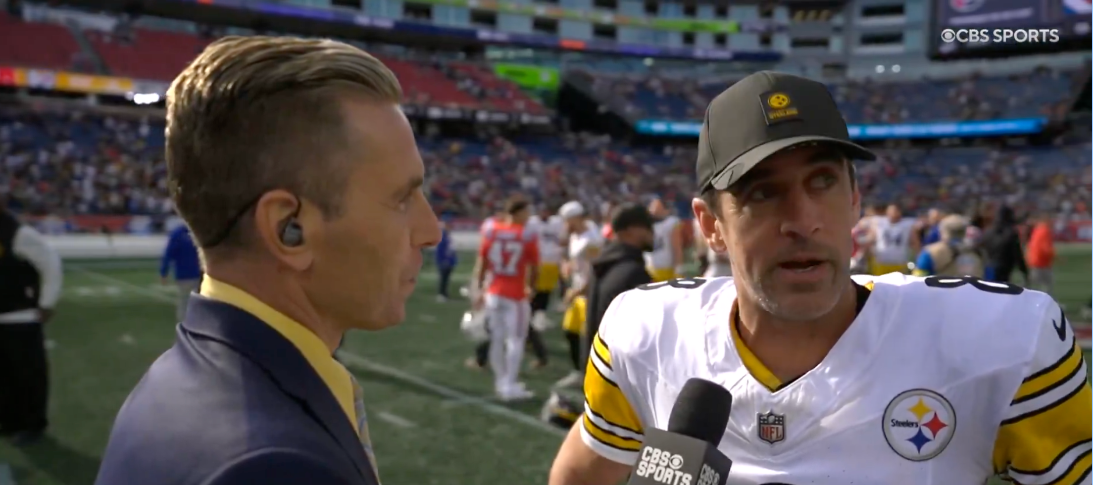 Aaron Rodgers speaks with Evan Washburn of CBS Sports following 21-14 win over New England Patriots, 9/21/25.
